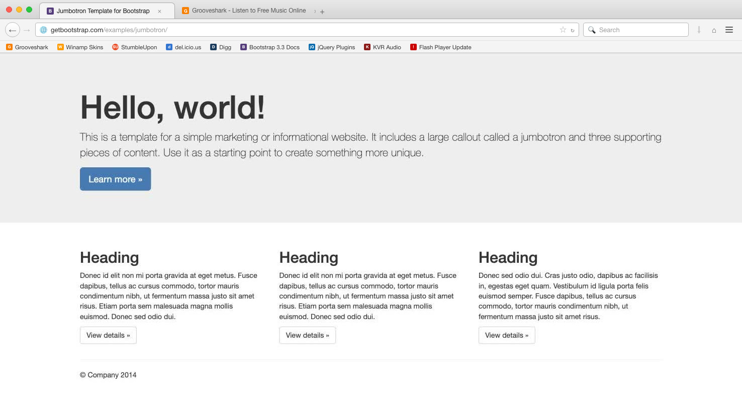 Bootstrap's own Jumbotron template, as archived in January 2015, in the Firefox of the day — the "Hello, world!" hero and three Heading columns that half the internet launched with. Bookmarks bar period-correct