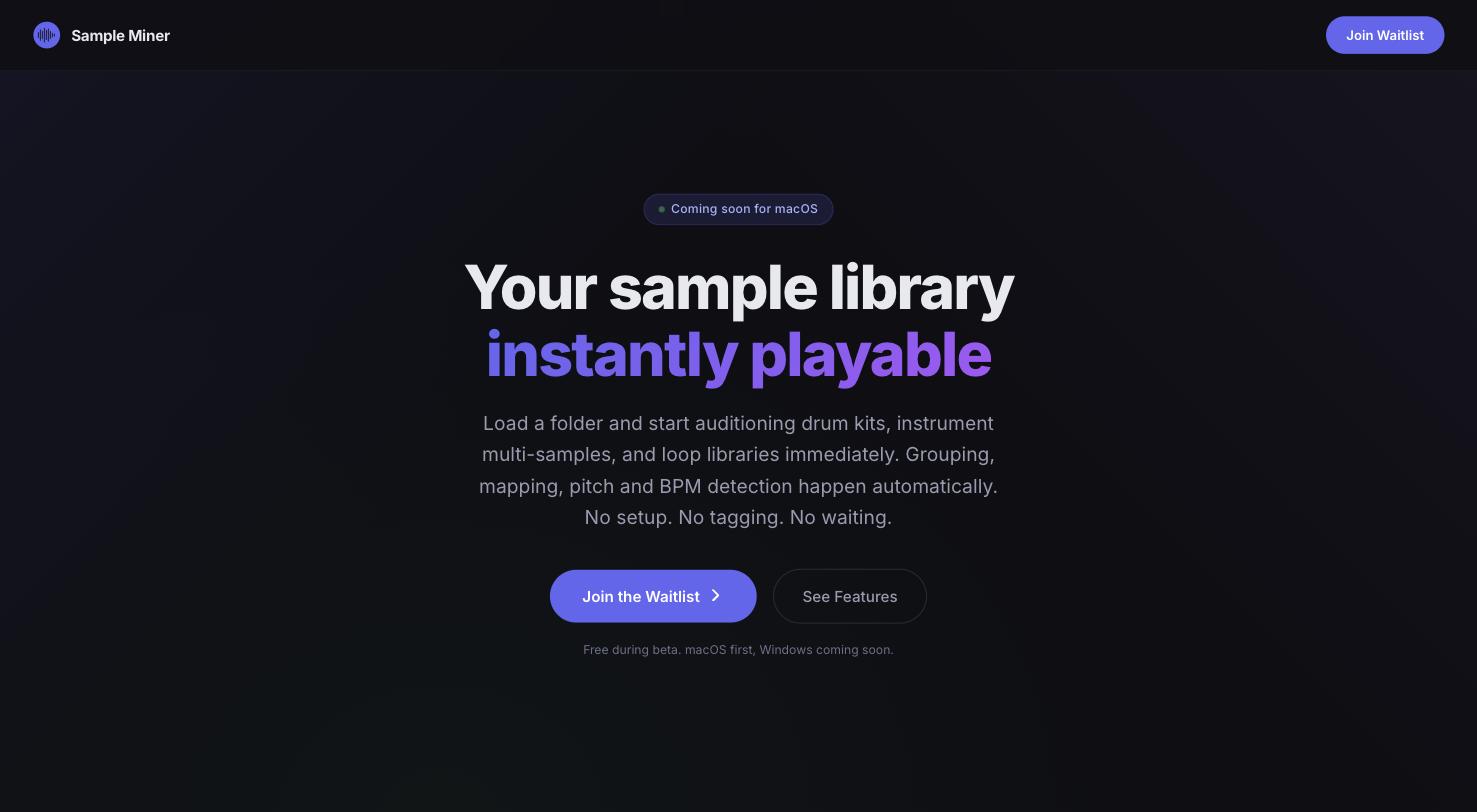 The first Sample Miner website hero, March 2026, recovered from the repo history — dark hero, gradient accent word, pill badge, two buttons. The version we threw out