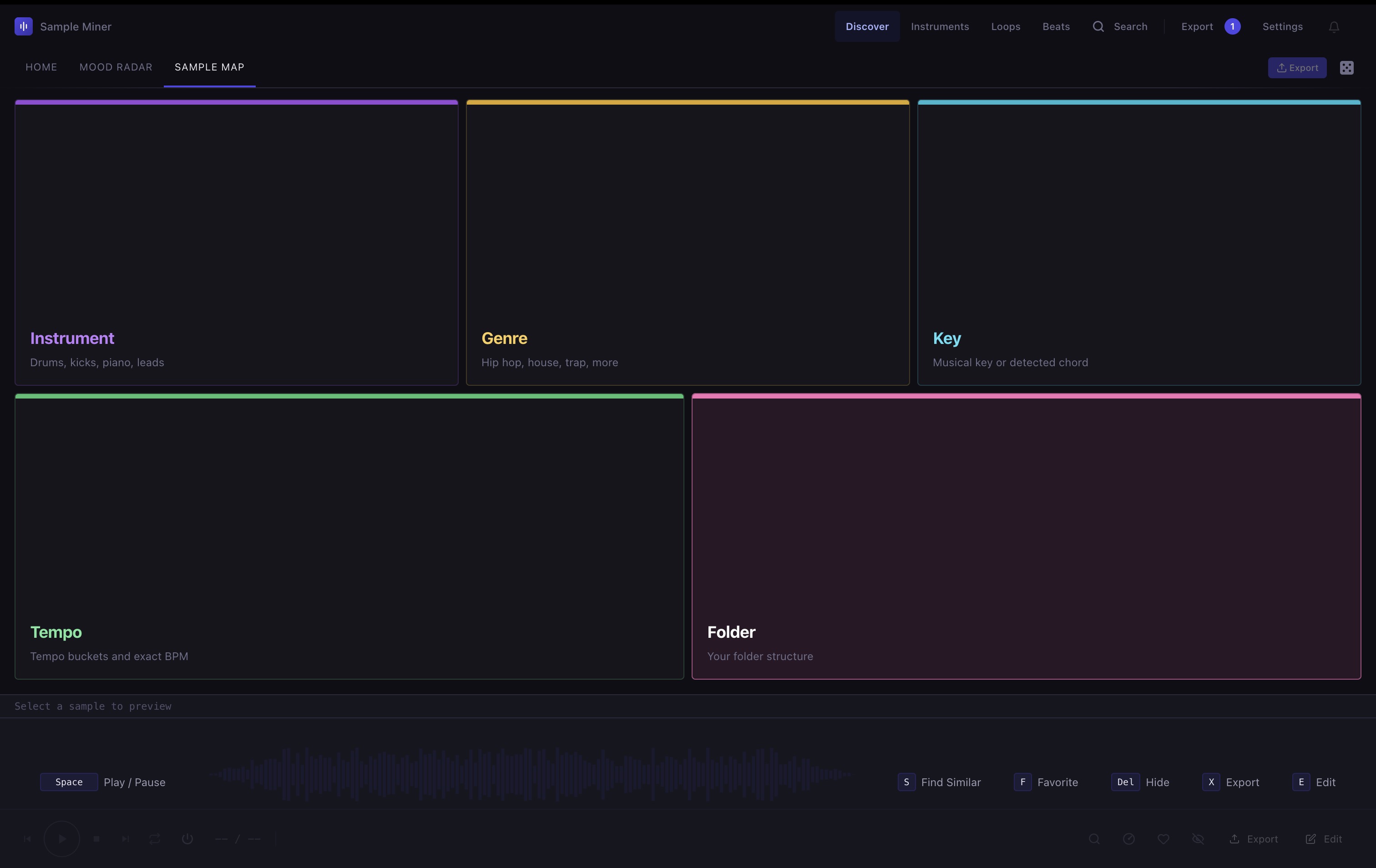 Sample Map top level: five entry points into the same library. Instrument, Genre, Key, Tempo, Folder.