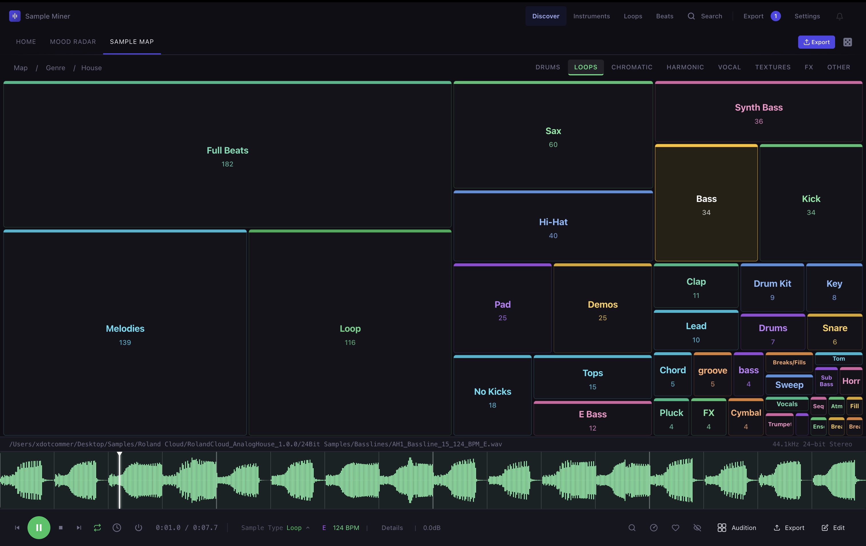 Sample Map drilled into House loops: Full Beats 182, Melodies 139, Loop 116, Sax 60, Hi-Hat 40, Synth Bass 36, Bass 34, Kick 34, Pad 25 and dozens more