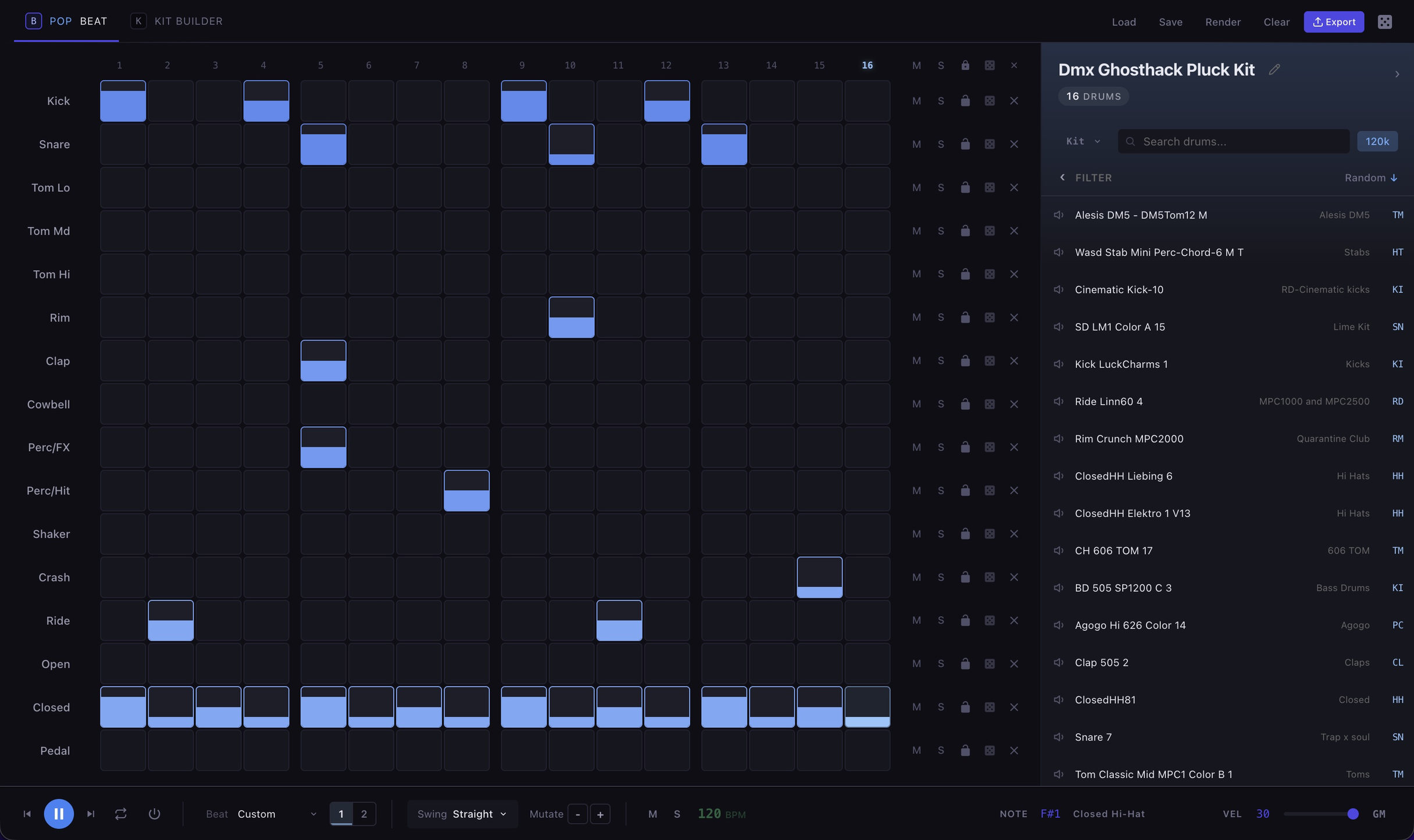 Sample Miner beat grid playing a drum kit built from library samples