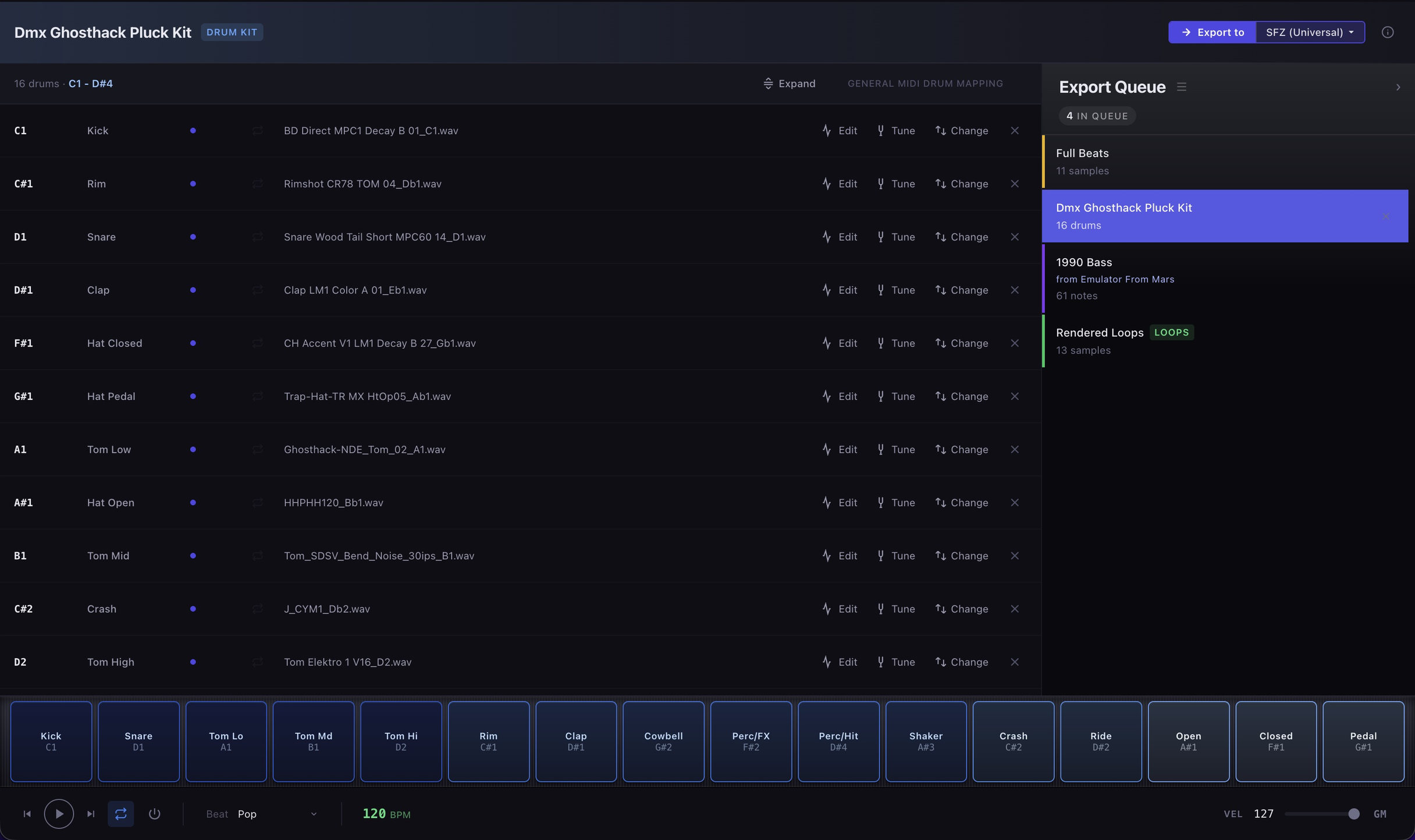 Sample Miner export queue sending a drum kit, an instrument, and rendered loops to SFZ
