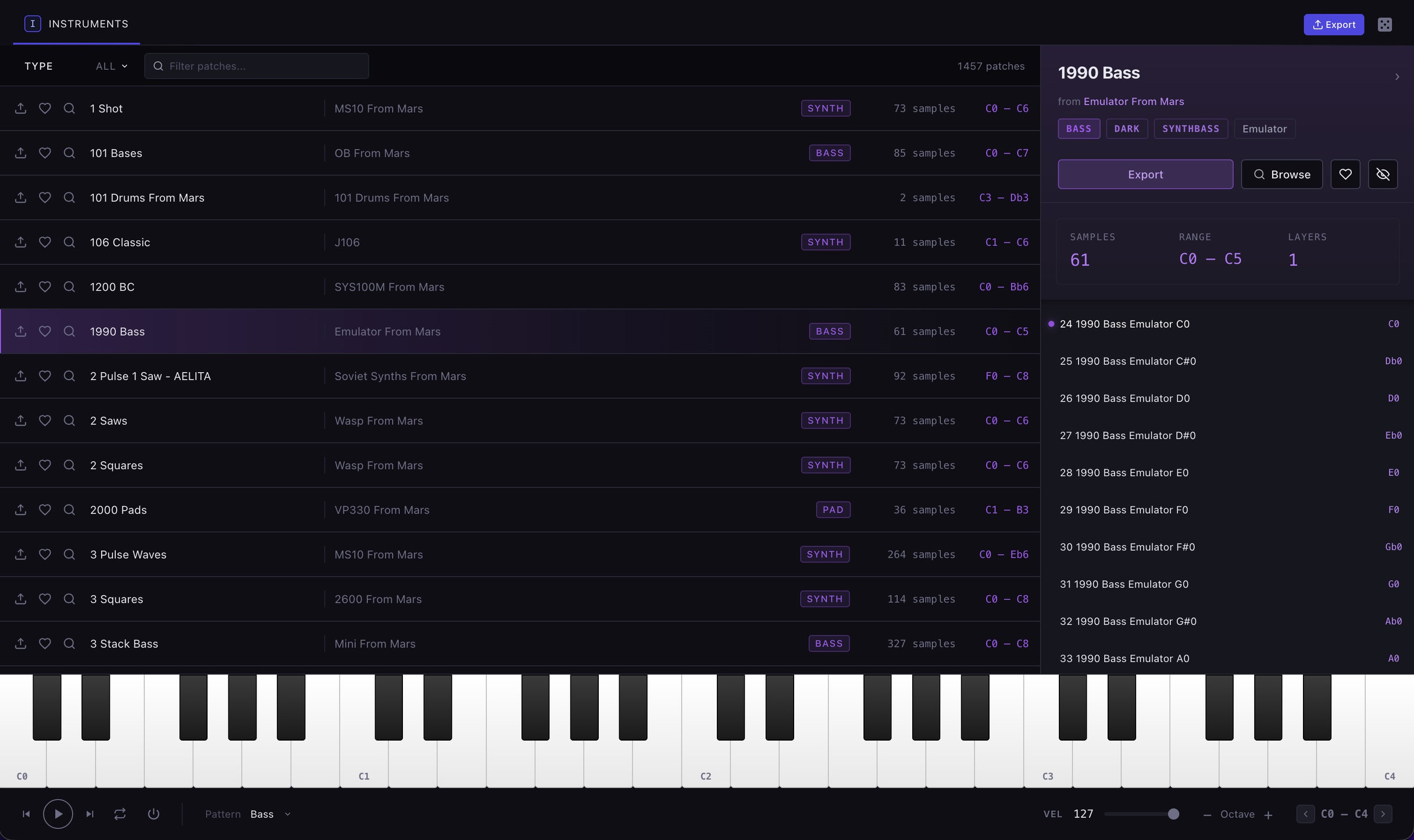 Sample Miner Instruments view with a multisampled bass mapped across the keyboard