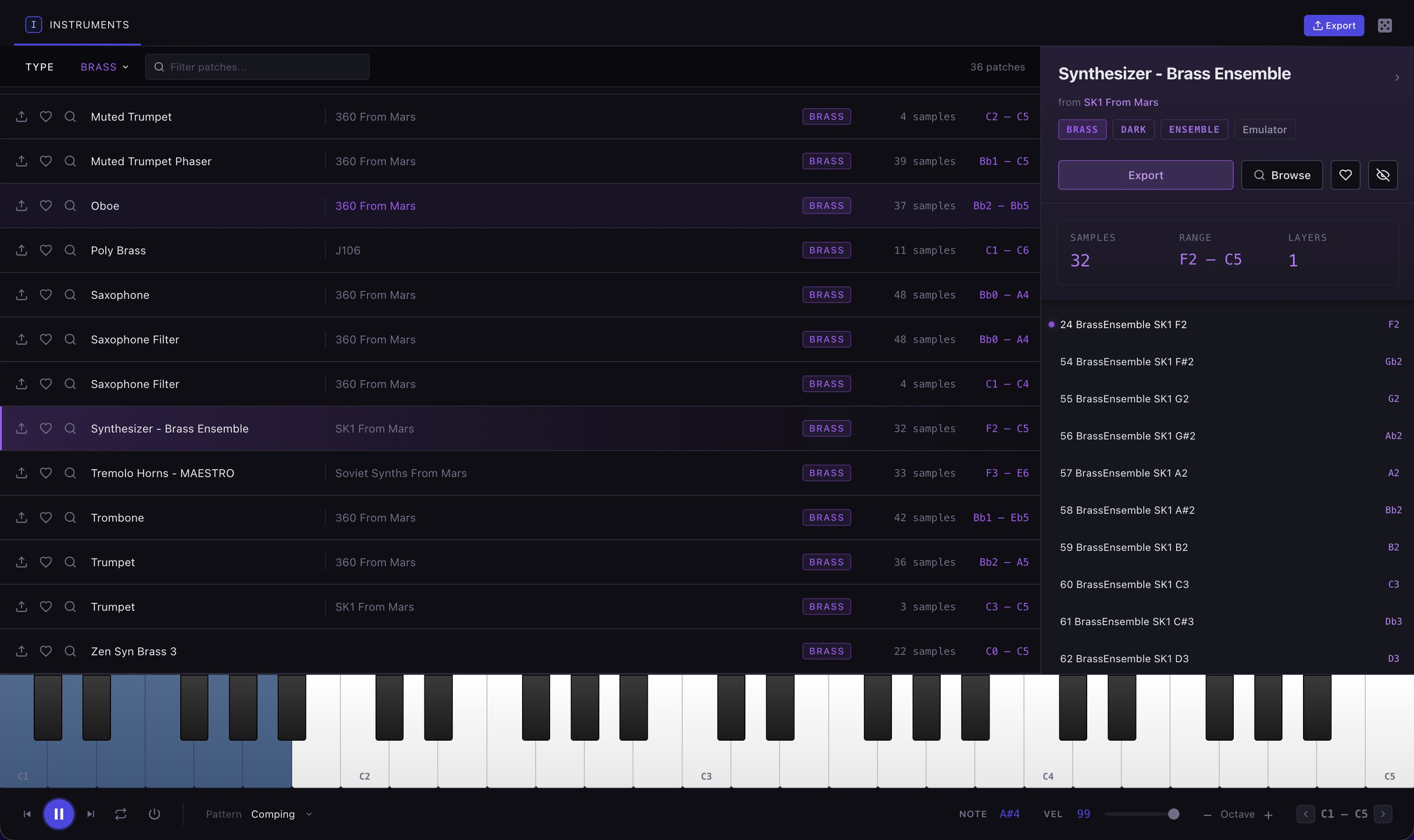 Sample Miner Instruments filtered to brass patches with an ensemble mapped across the keyboard
