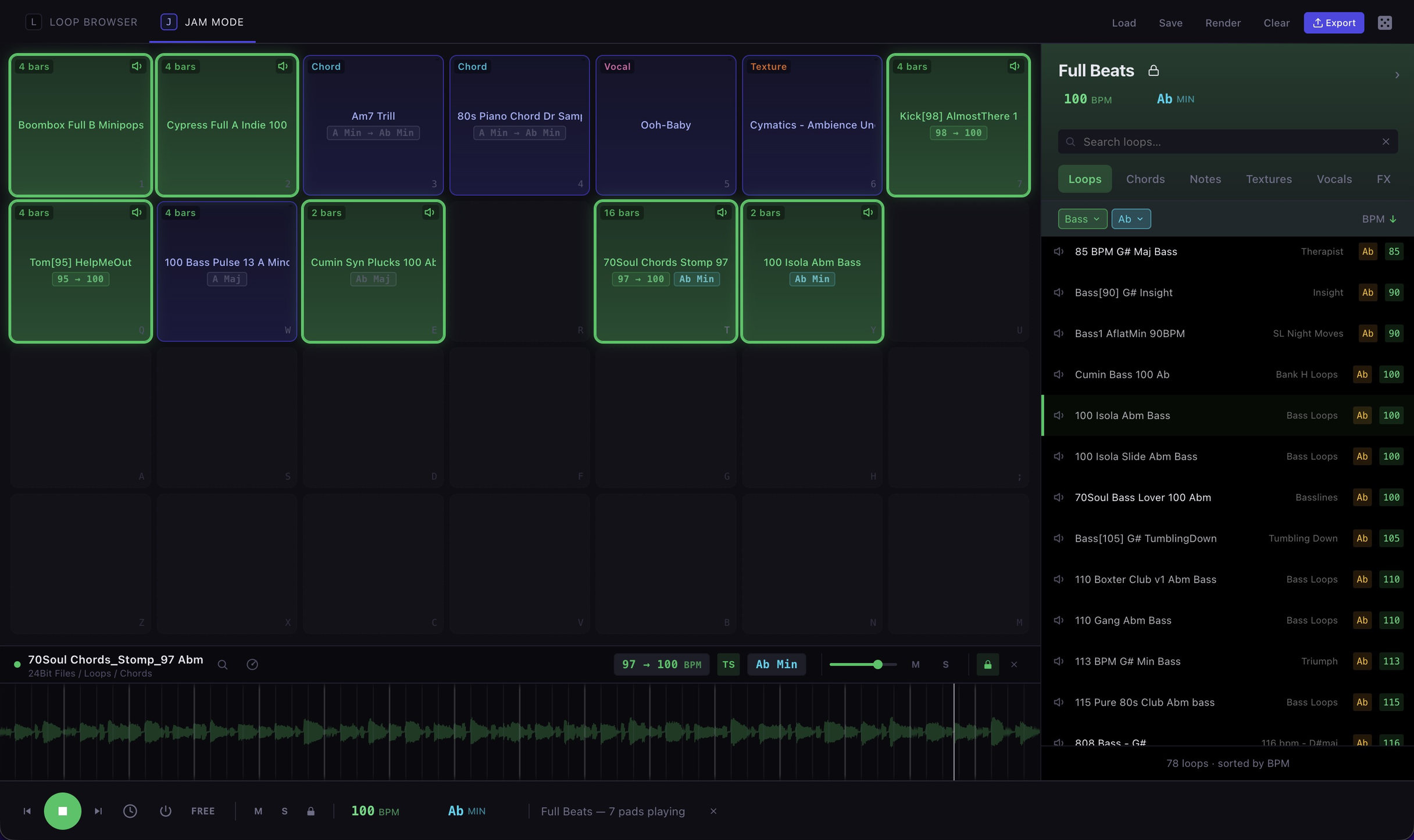 Sample Miner Jam Mode with seven matched loops playing across the pad grid