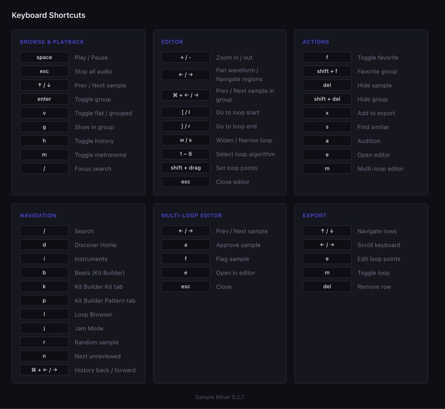 Sample Miner keyboard shortcut reference grouped into browse and playback, editor, actions, navigation, multi-loop editor and export