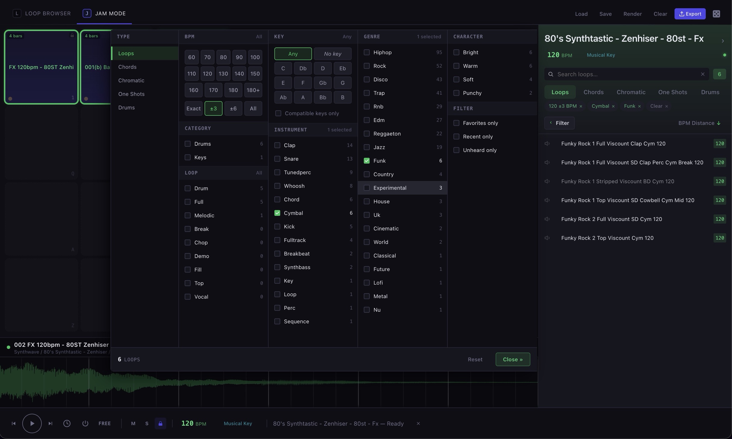 Sample Miner Jam Mode filtering the library down to six matching loops by tempo, key, genre and character