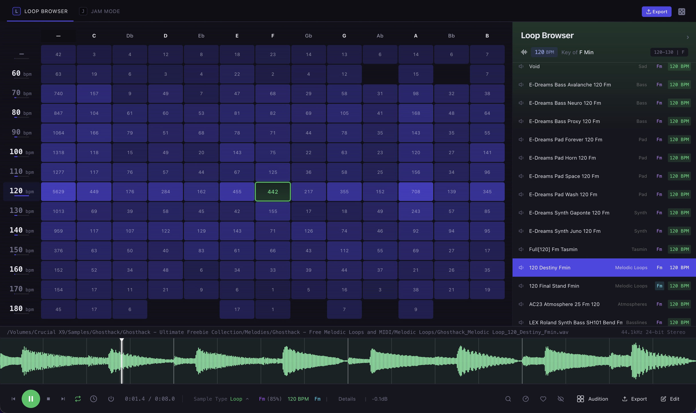 Sample Miner Loop Browser grid counting loops by key and tempo