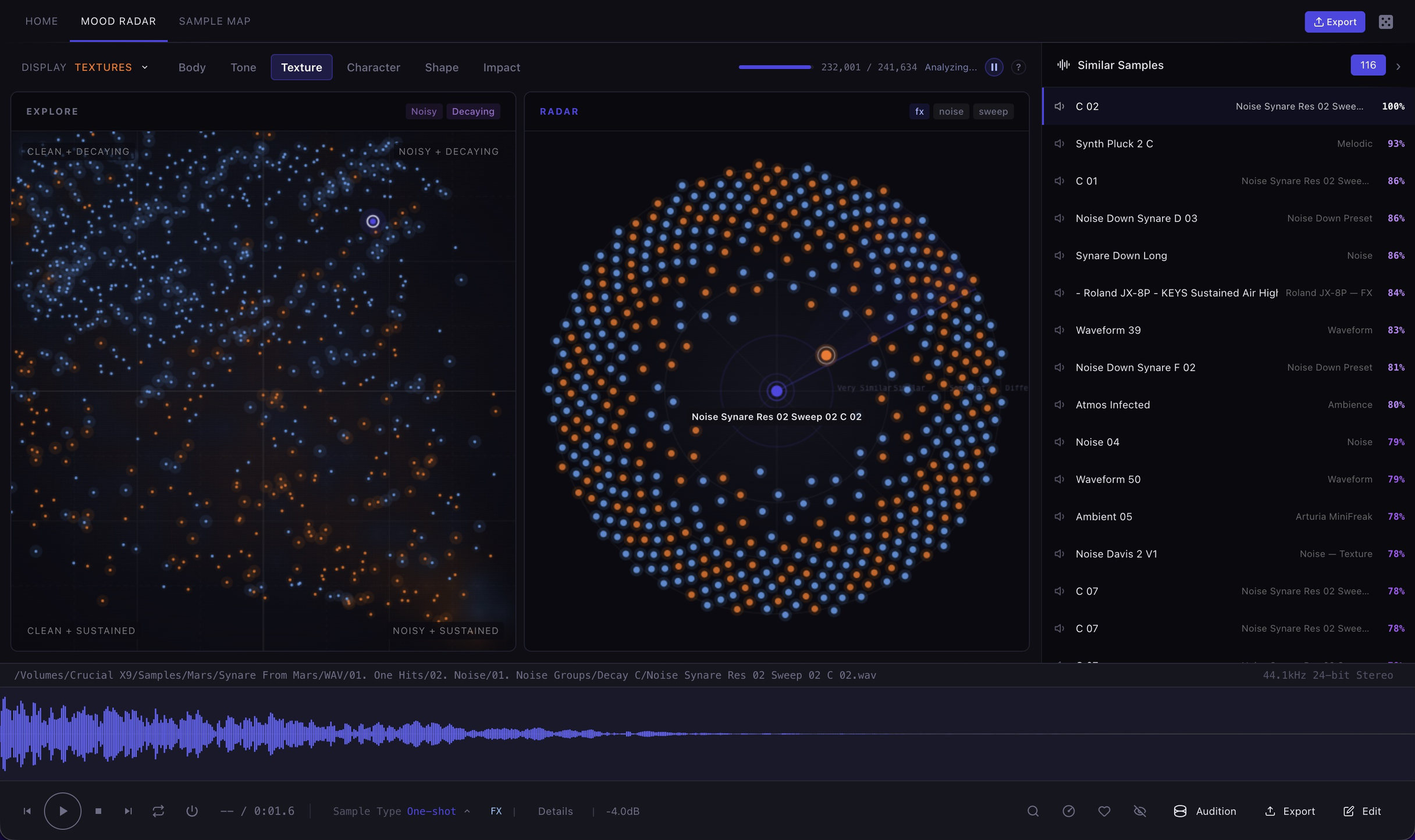 Sample Miner Mood Radar plotting textures from clean to noisy alongside similar samples