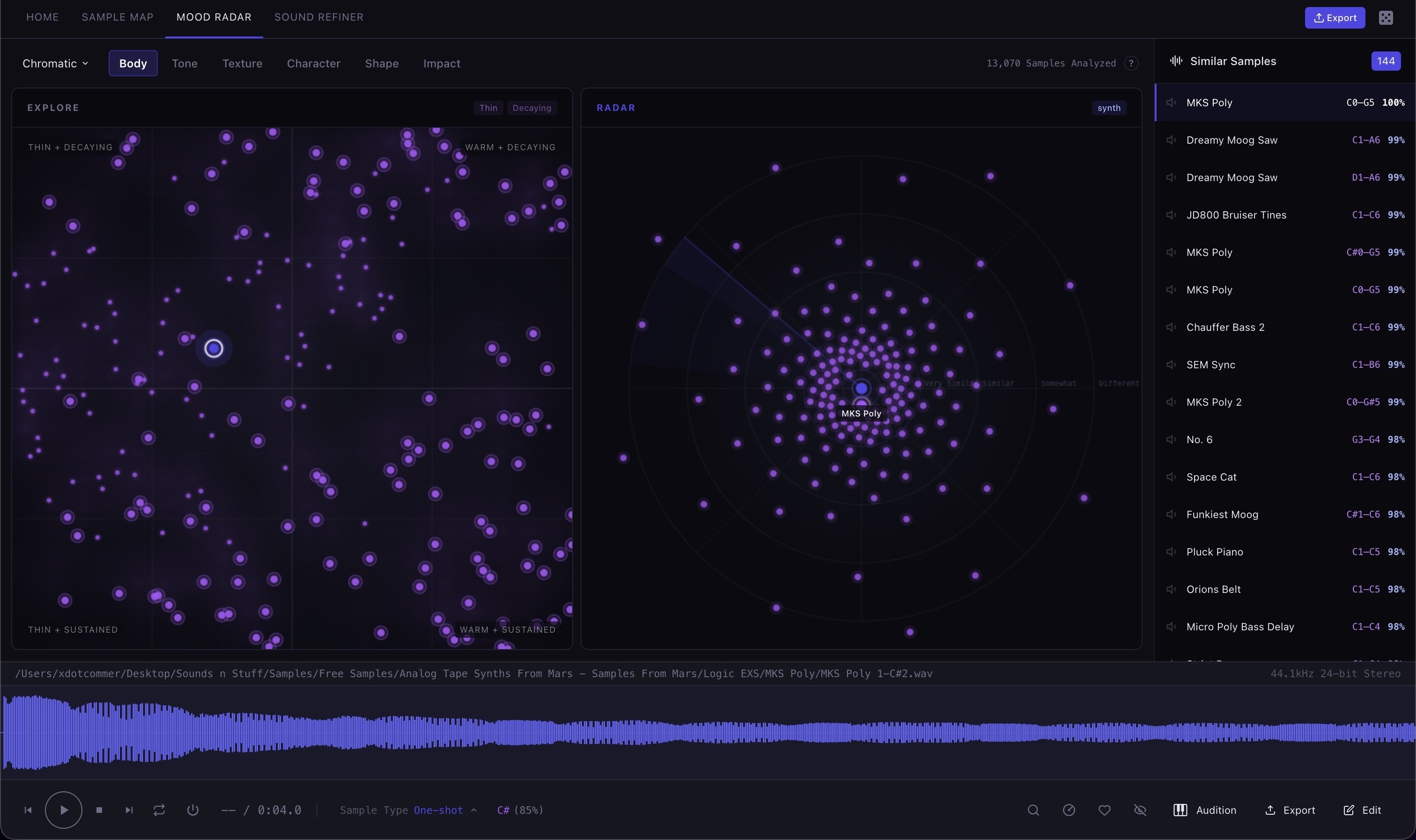 Mood Radar — Spectral map and similarity radar