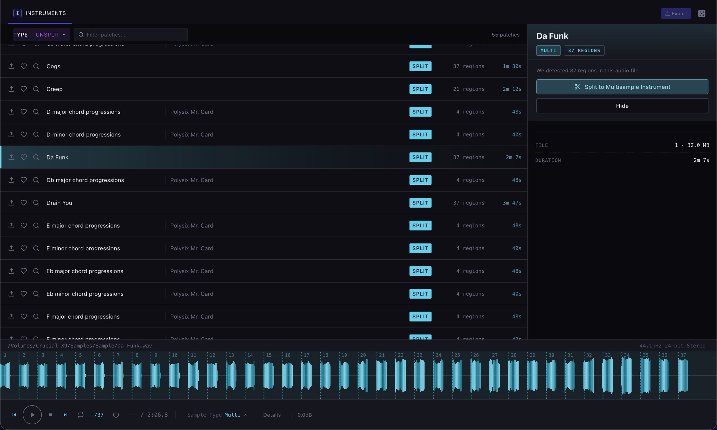 Sample Miner Instruments view showing an unsplit two minute file with 37 detected regions ready to split into a multisample instrument