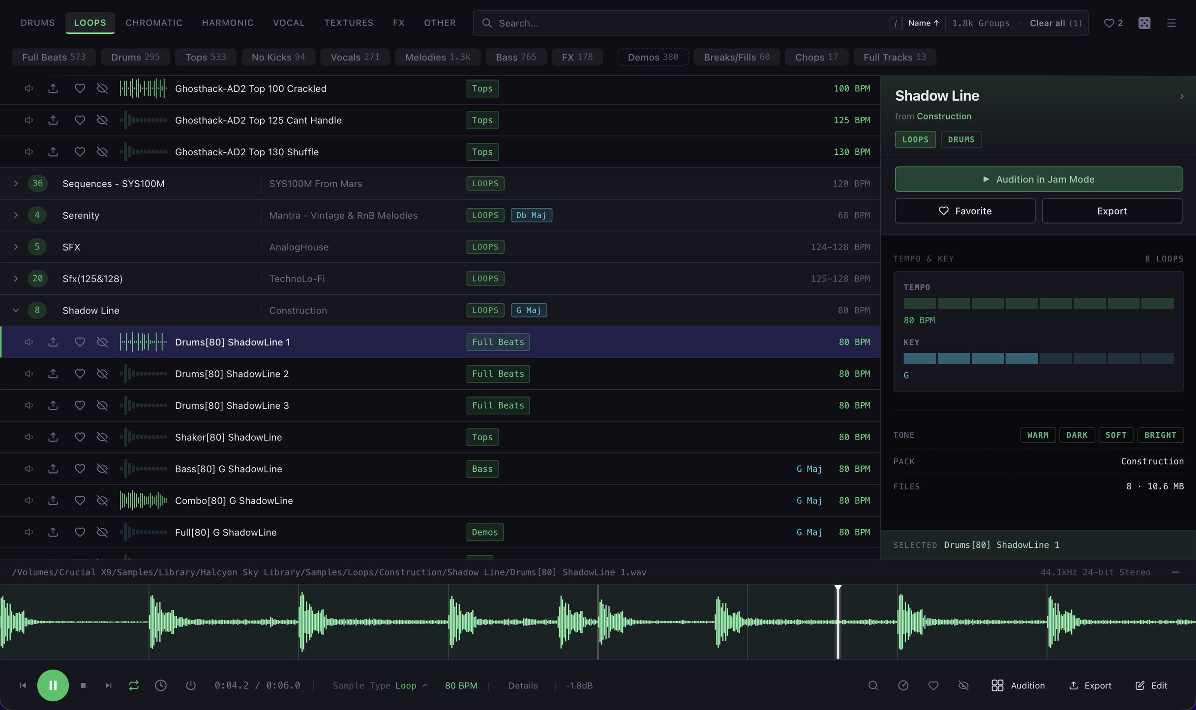 Sample Miner search results grouped by pack, with tempo and key for the selected loop