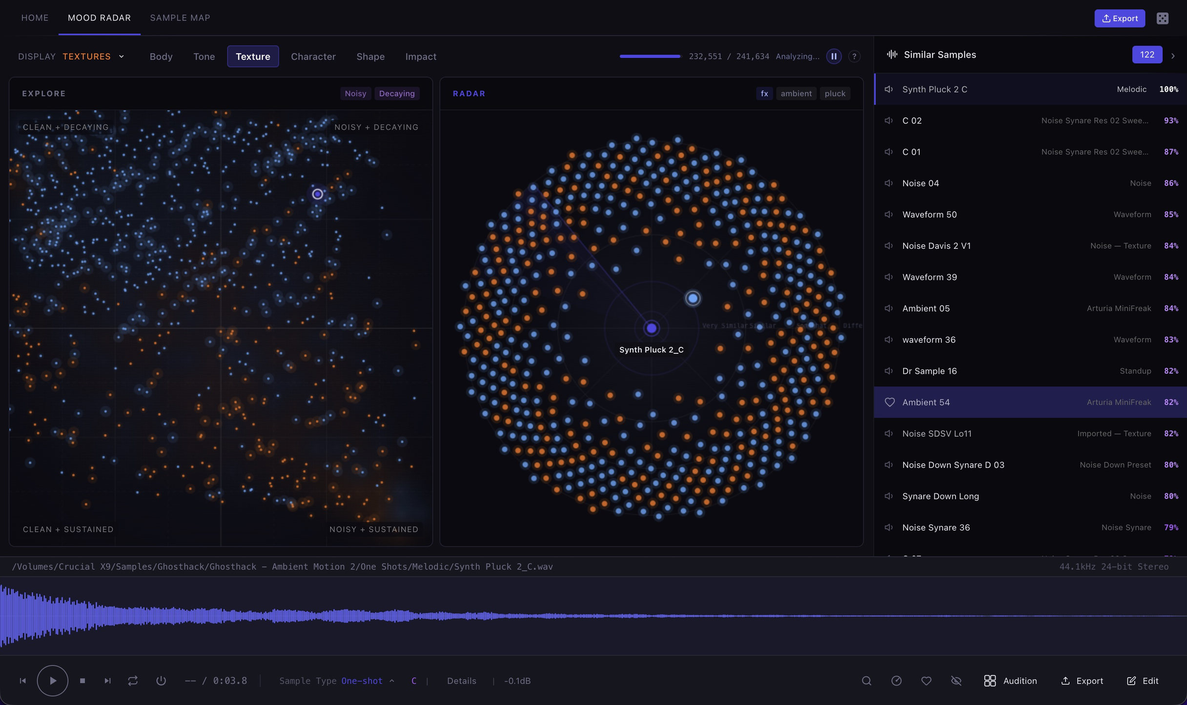 Sample Miner Mood Radar ranking samples by similarity to a synth pluck